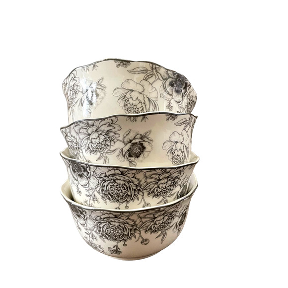 222 FIFTH Fine Porcelain Dashney Floral Salad Bowls 6in Gray White Set of 4 NEW - Picture 10 of 10